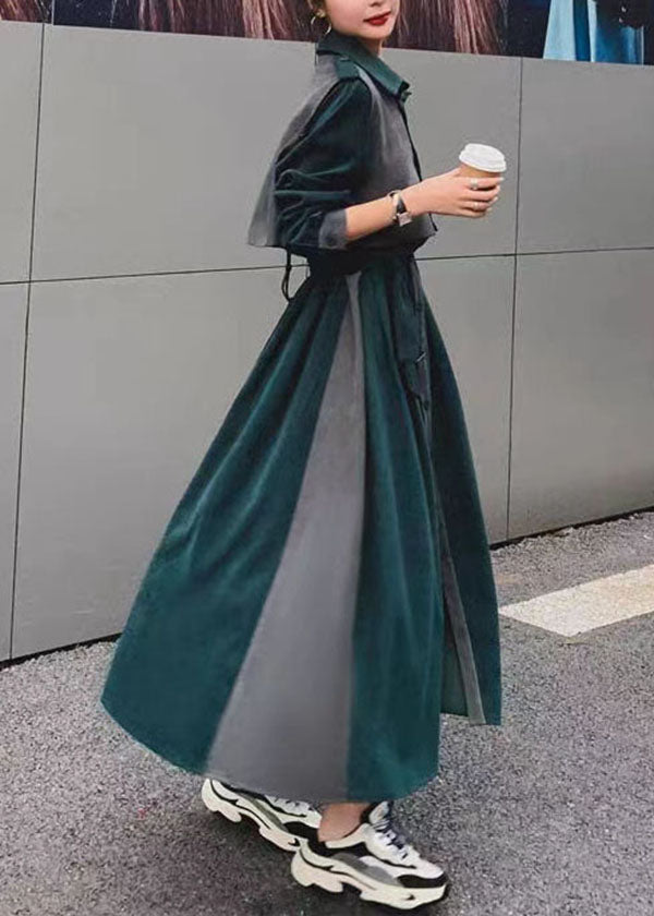 Blackish Green Patchwork Tie Waist Velour Sets 2 Pieces Fall