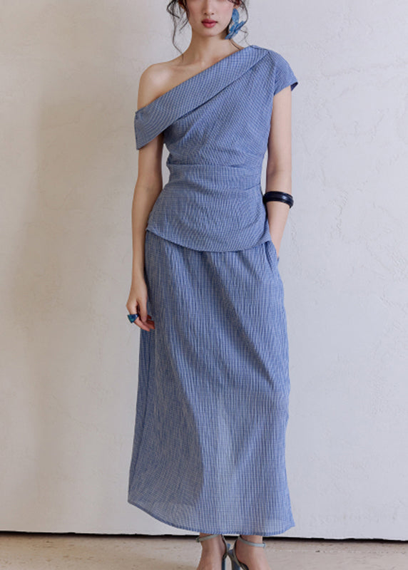 Blue Plaid Patchwork Top and a Line Skirts Two Pieces Set Short Sleev