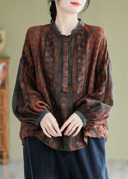 Orange Stand Collar Print Button Linen Shirts Long Sleeve