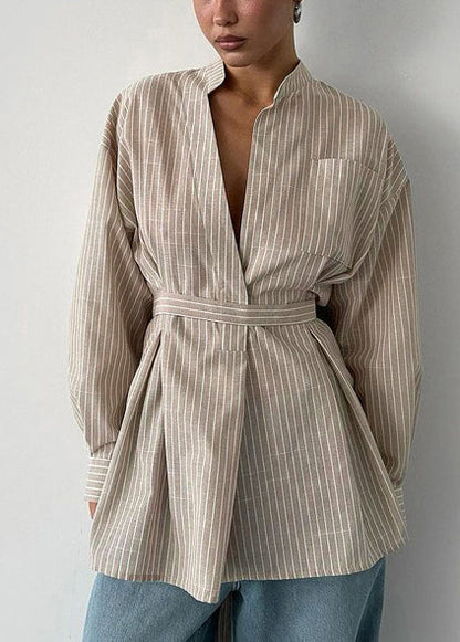 Khaki Striped Linen Tunic Shirt Top Fall