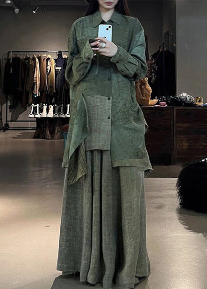 Green Print Patchwork Shirts and Maxi Skirts Two Pieces Set Fall