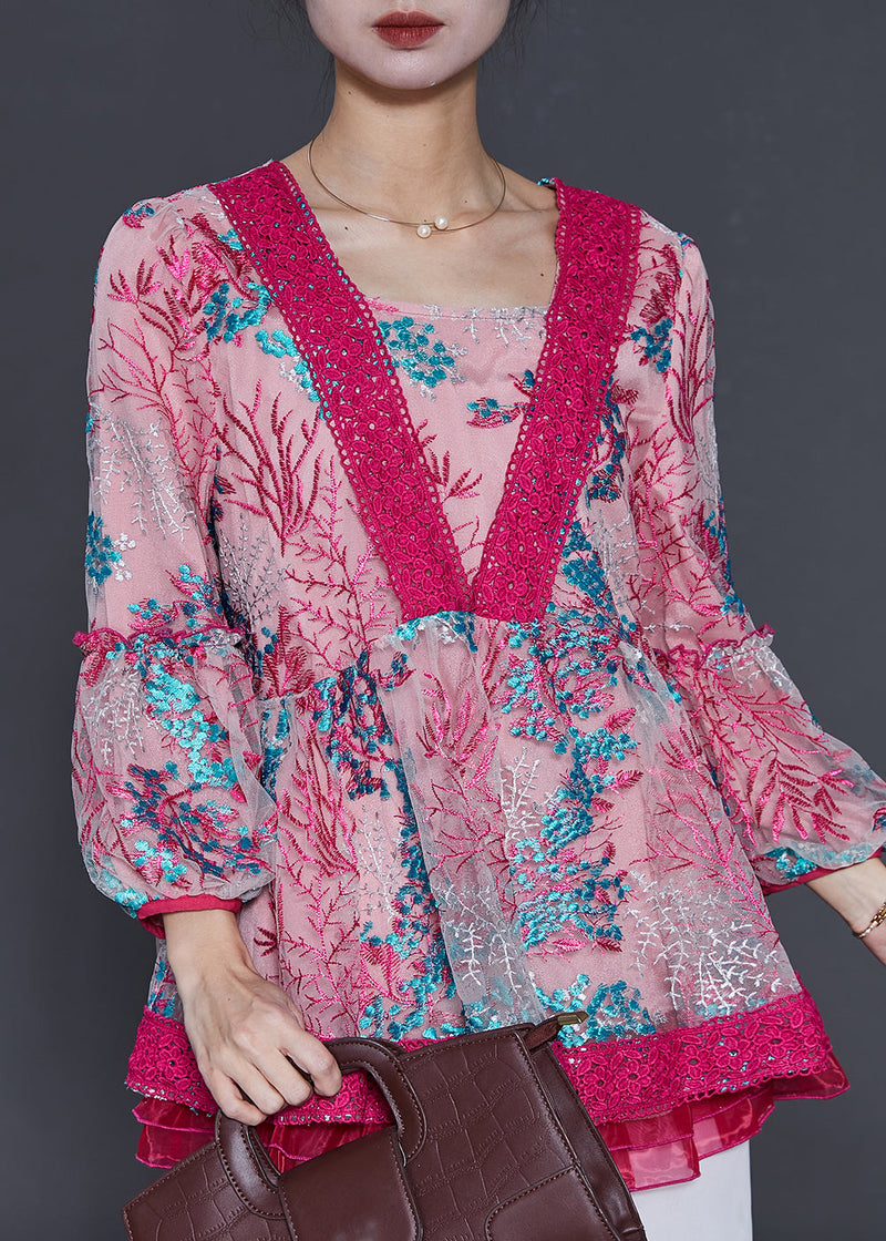 Rose Embroidered Patchwork Tulle Shirt Spring