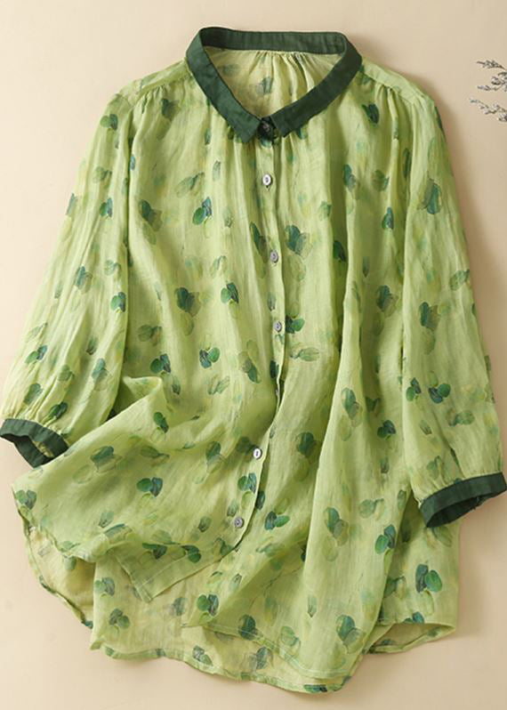 Green Peter Pan Collar Print Button Linen Shirts Long Sleeve