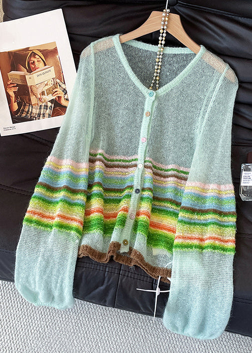 Blue O Neck Striped Patchwork Thin Knit Cardigans Fall