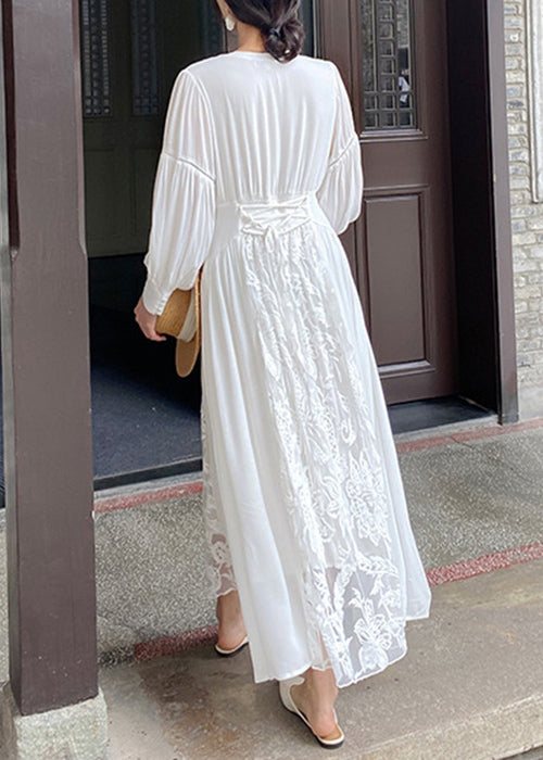 White V Neck Embroidered Lace Up Cotton Long Dresses Fall