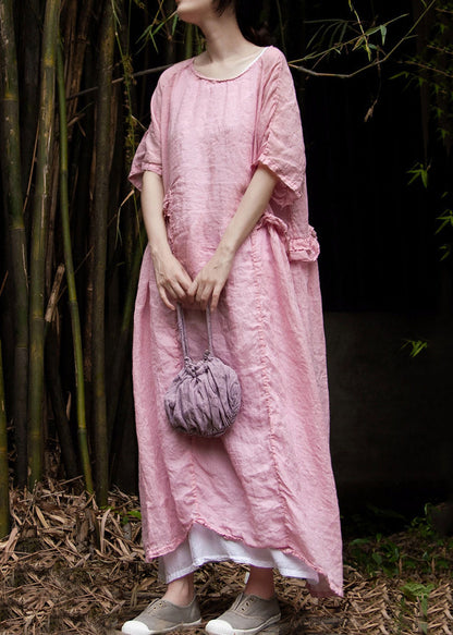 Loose Pink Ruffled Linen Two Pieces Set Summer
