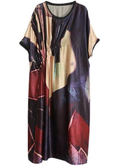 Black Print Silk Party Dress Batwing Sleeve