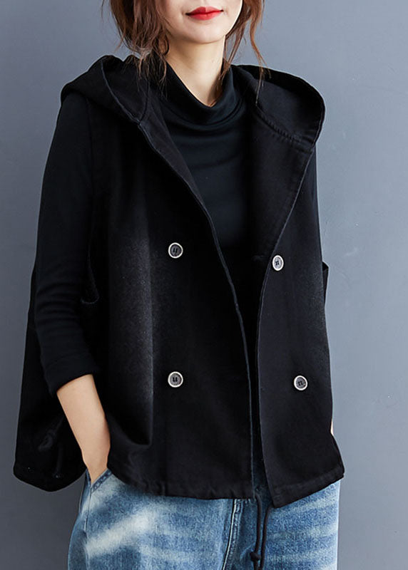 Unique Black Hooded Button Denim Trench Sleeveless Vest