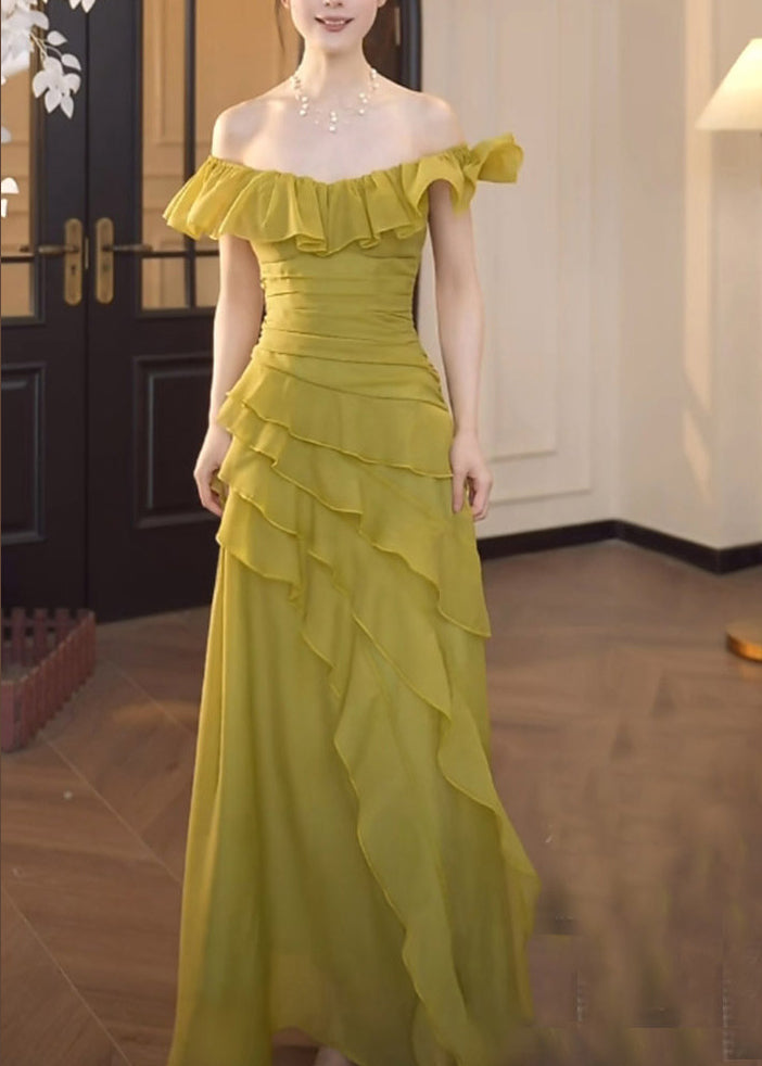 Green Square Collar Ruffled Patchwork Chiffon Dress Summer