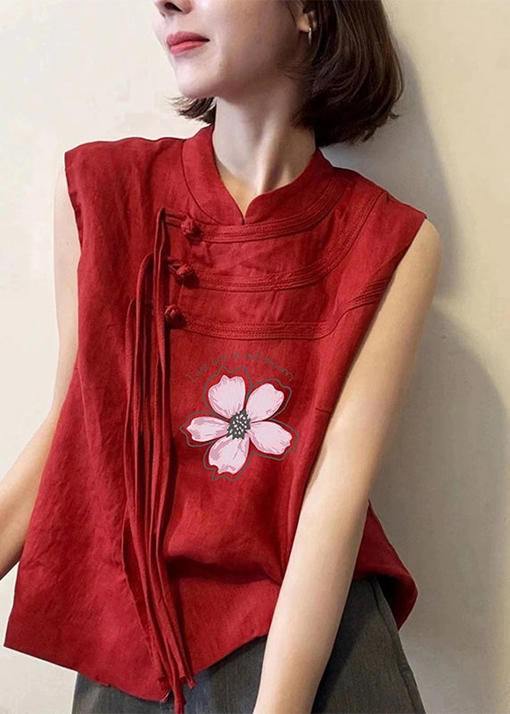 Red Tassel Oriental Button Cotton Top Sleeveless