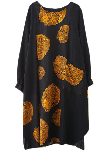 Yellow Patchwork Pockets Print Fall Dress Long Sleeve