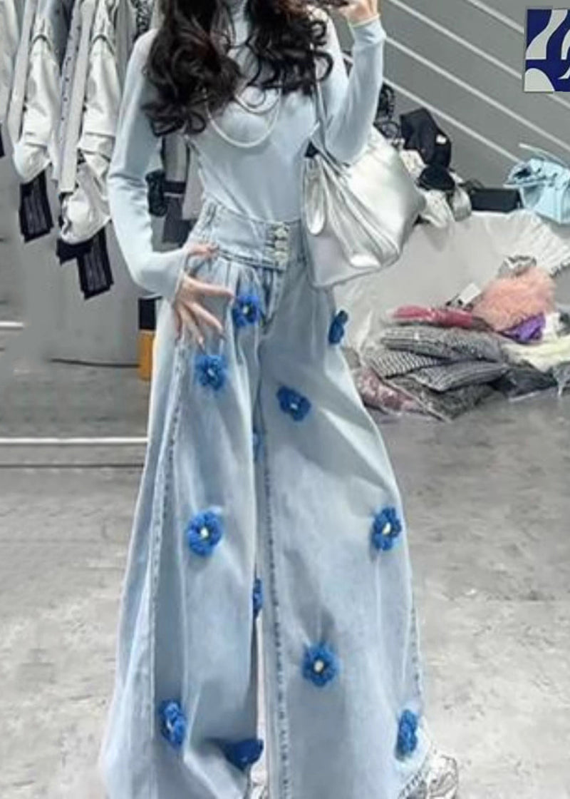 Fitted Light Blue Oversized Denim Wide Leg Pants Fall
