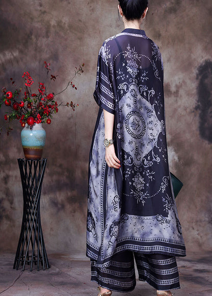 Chocolate Stand Collar Side Open Print Silk Two Piece Set Clothing Summer