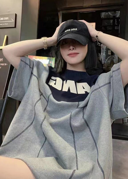 Grey O Neck Graphic Patchwork Cotton T Shirts Summer