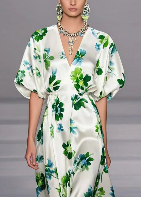 Handmade White V Neck Patchwork Print Silk Dresses Lantern Sleeve Summer