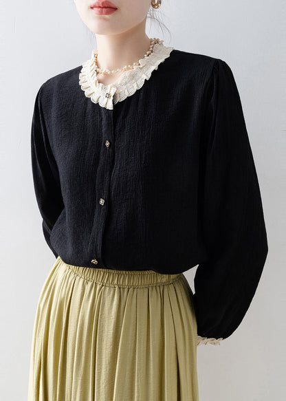 Black Oversized Patchwork Lace Blouses Spring