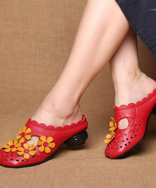 Splicing Red Cowhide Leather Slide Sandals