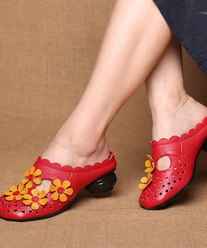 Splicing Red Cowhide Leather Slide Sandals