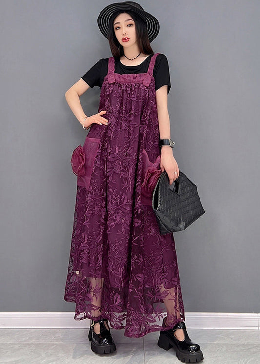 Boutique Purple Big Pockets Patchwork Lace Strap Long Dress Summer