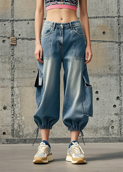 Blue Oversized Pockets Denim Crop Pants Fall