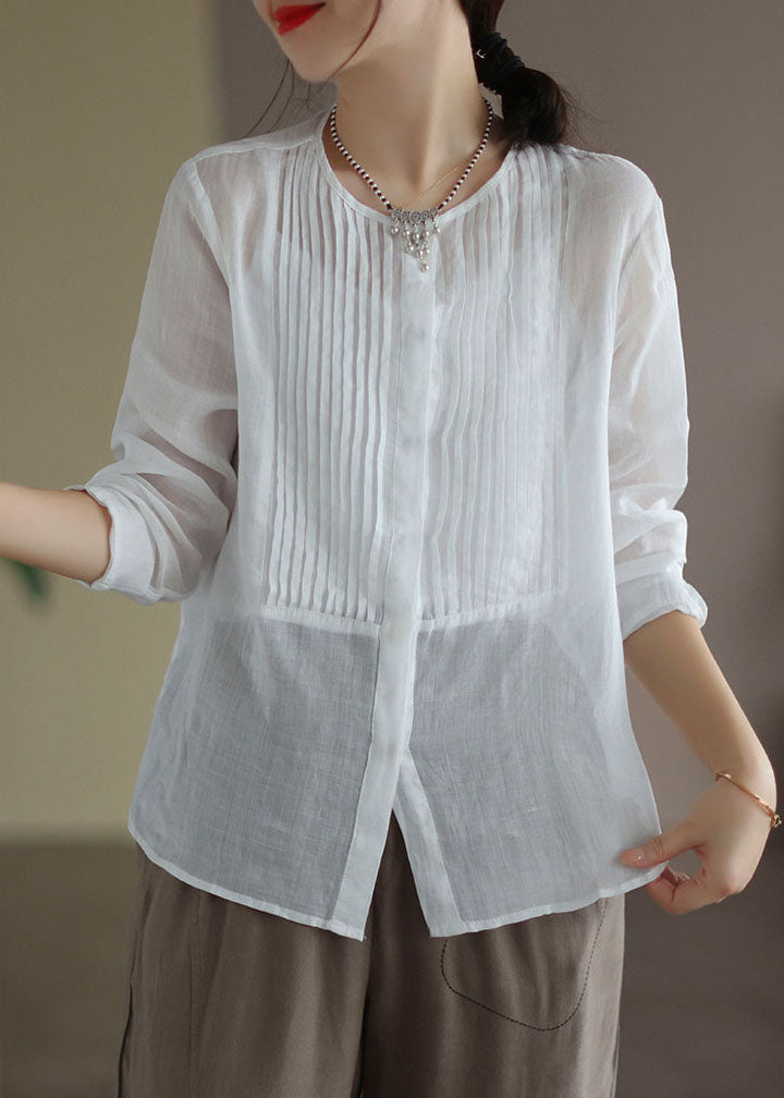 White O-neck Linen Shirt Tops Long Sleeve