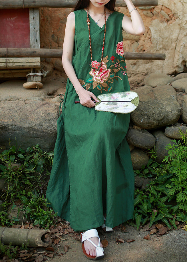 Retro Green V Neck Tie Waist Embroideried Long Dress Sleeveless