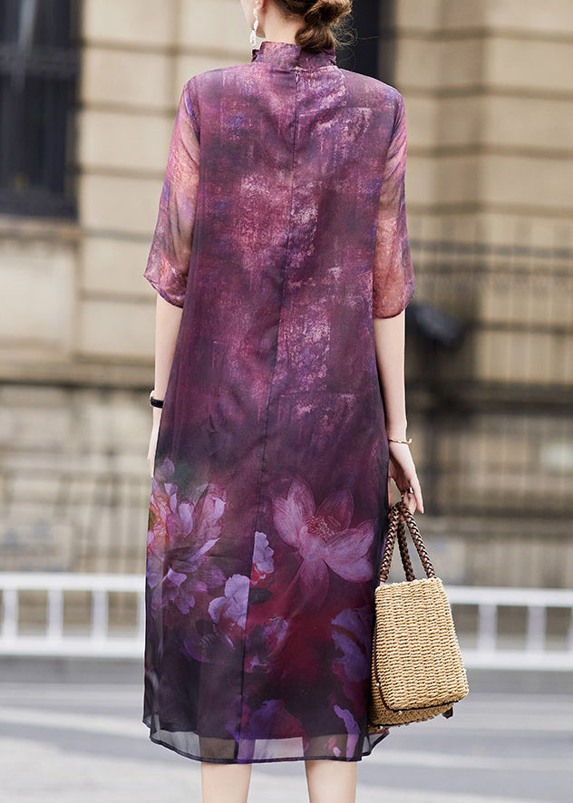 Purple Ruffled Lotus Print Patchwork Silk Dress Summer
