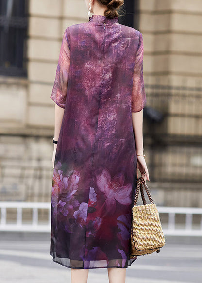 Purple Ruffled Lotus Print Patchwork Silk Dress Summer