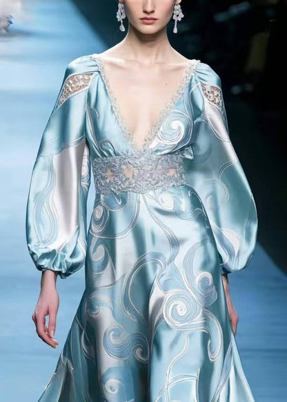 Art Sky Blue Print Patchwork Silm Fit Long Dresses Spring