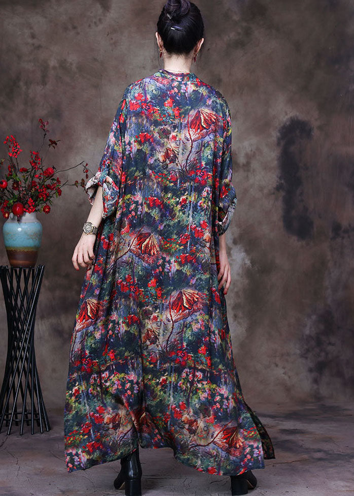 Red Print Oriental Button Silk Trench Coats Long Sleeve