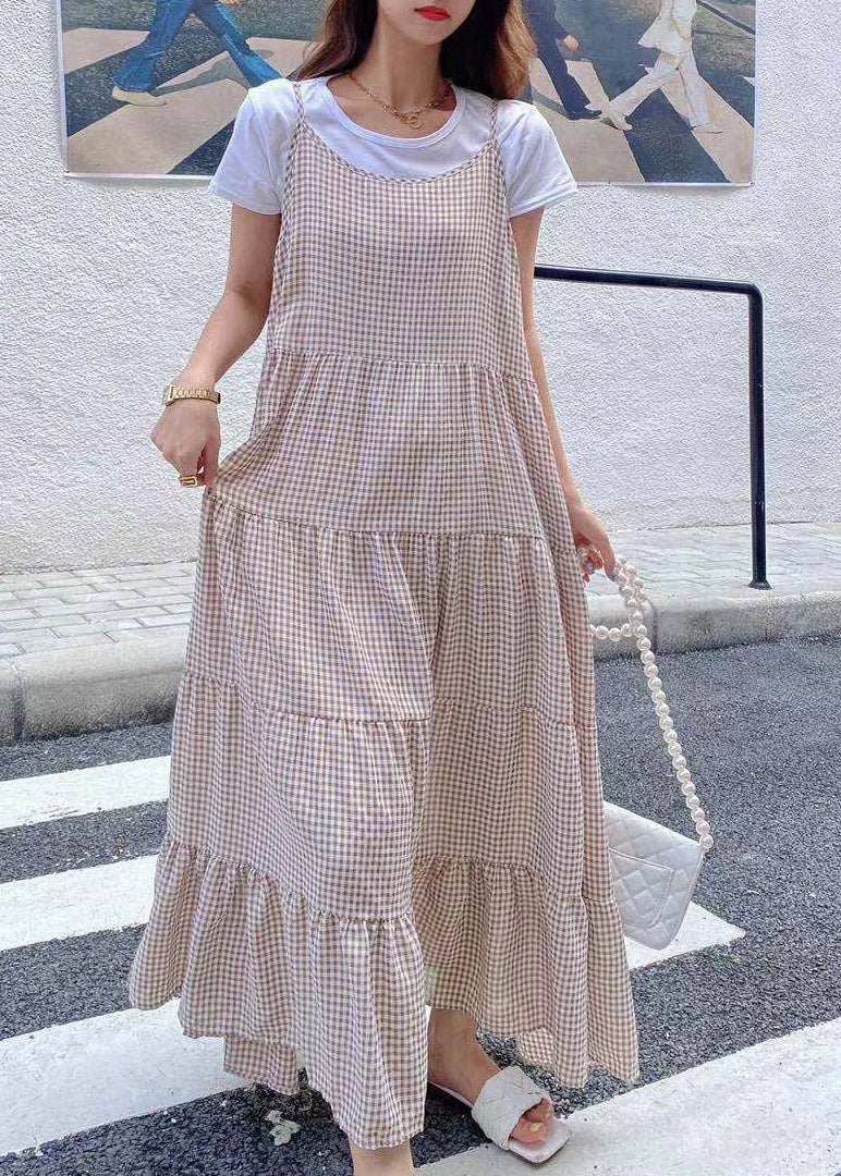 Khaki Slash Neck Plaid T Shirts and Long Dress Two Pieces Set Summer