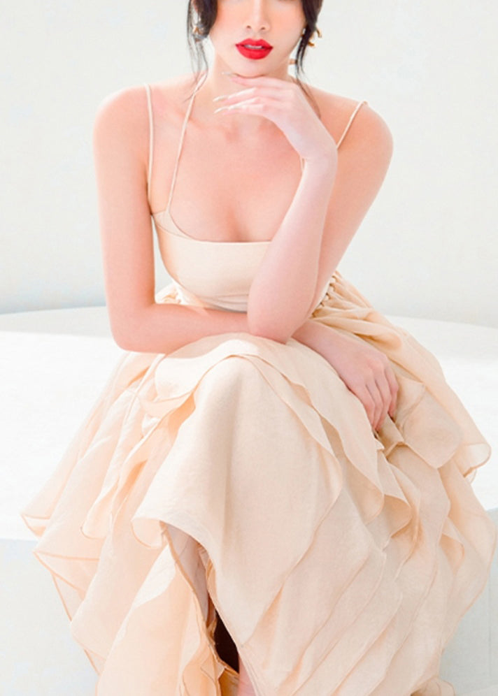 New Brown Lace Up Cotton Spaghetti Strap Dress Sleeveless