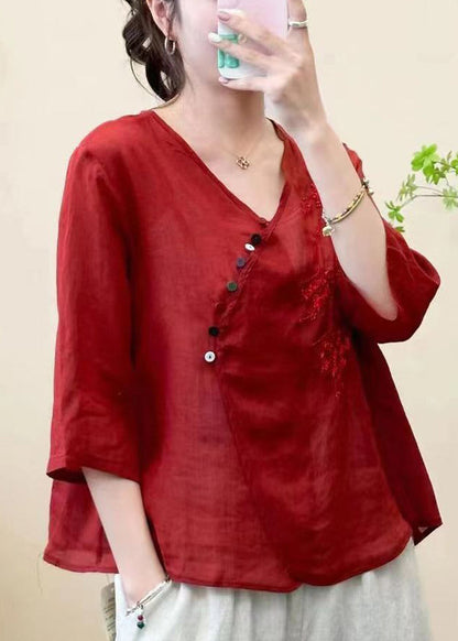 White Embroideried Linen Blouse Top Half Sleeve