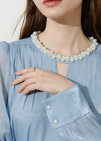 Boutique Blue Pearl Draping Silk Shitr Tops Spring
