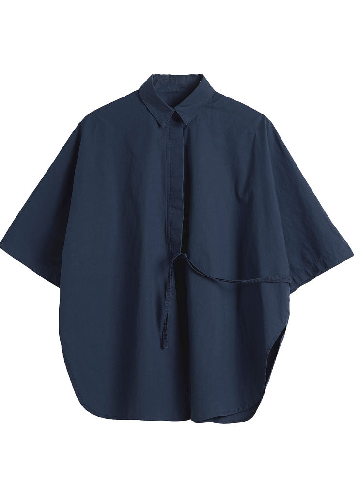 Art Navy Asymmetrical Tie Waist Cotton Shirt Top Half Sleeve
