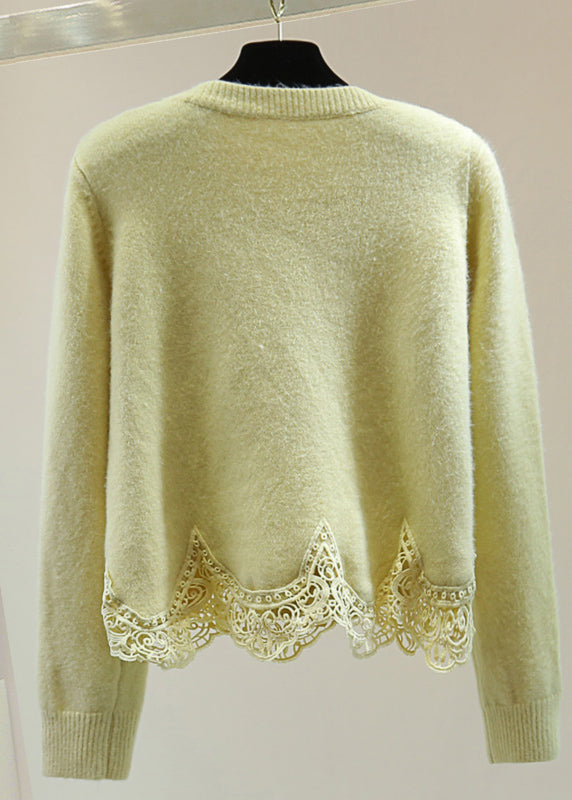 Light Green O-neck Lace Patchwork Cotton Knit Cardigan Spring