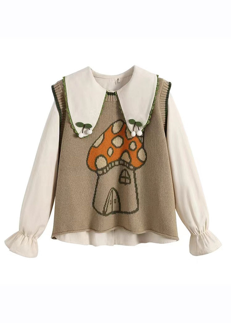 Novelty Khaki Print Knit Waistcoat and Shirts Two Piece Set Fall