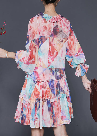 Orange Ruffled Print Chiffon Mid Dress Spring