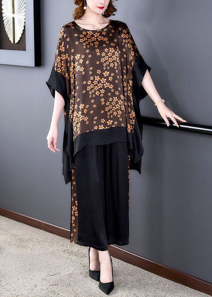 French Coffee Oversized Patchwork Print Silk Two-piece Set Batwing Sleeve
