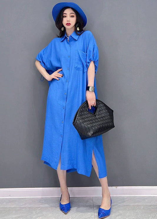 Baggy Blue Peter Pan Collar Oversized Cotton and Linen Shirt Dress Short Sleeve