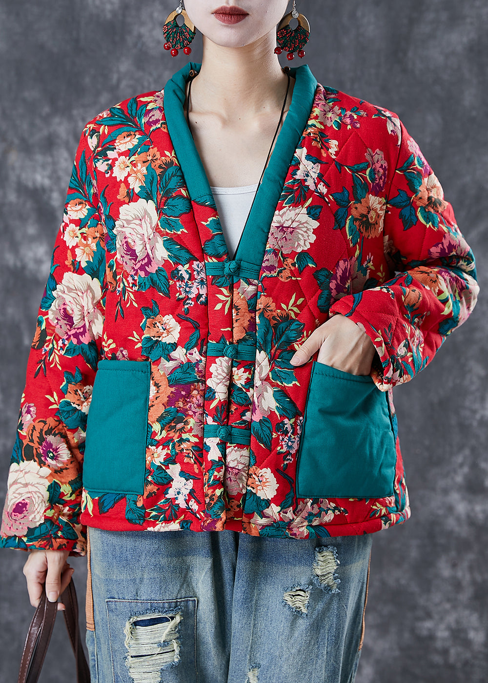 Red Print Patchwork Fine Cotton Filled Jacket Pockets in Winter