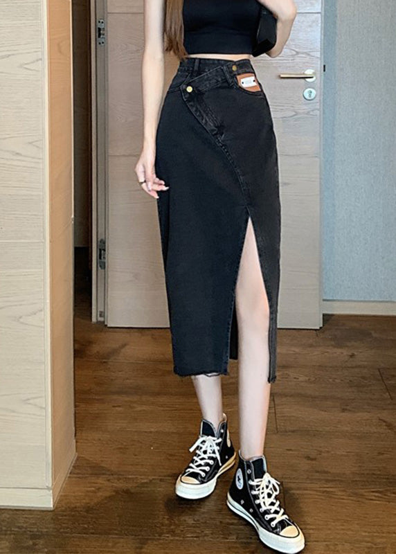 Black High Waist Pockets Button Denim a Line Skirt Spring