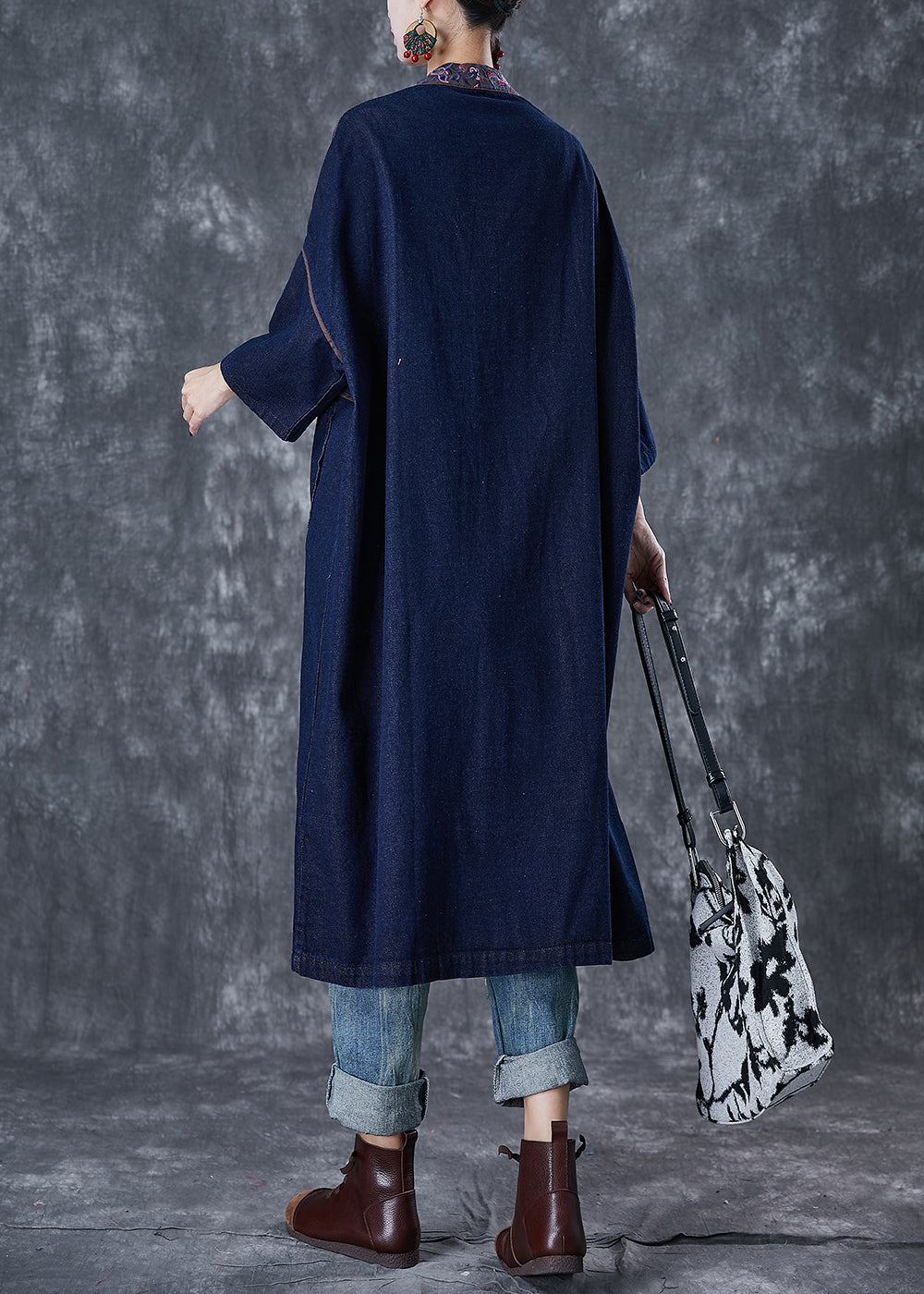 Navy Embroideried Chinese Button Denim Trench Fall