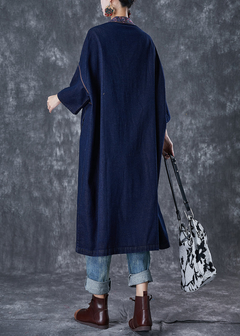 Navy Embroideried Chinese Button Denim Trench Fall