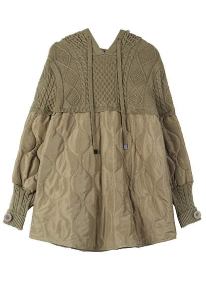Khaki Hooded Knit Patchwork Thick Tops Long Sleeve