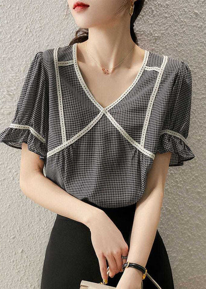 Small Plaid Ruffled Patchwork Silk Tops Summer