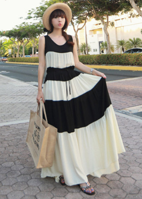 Black White Patchwork O-neck Tie Waist Chiffon Long Dress Sleeveless