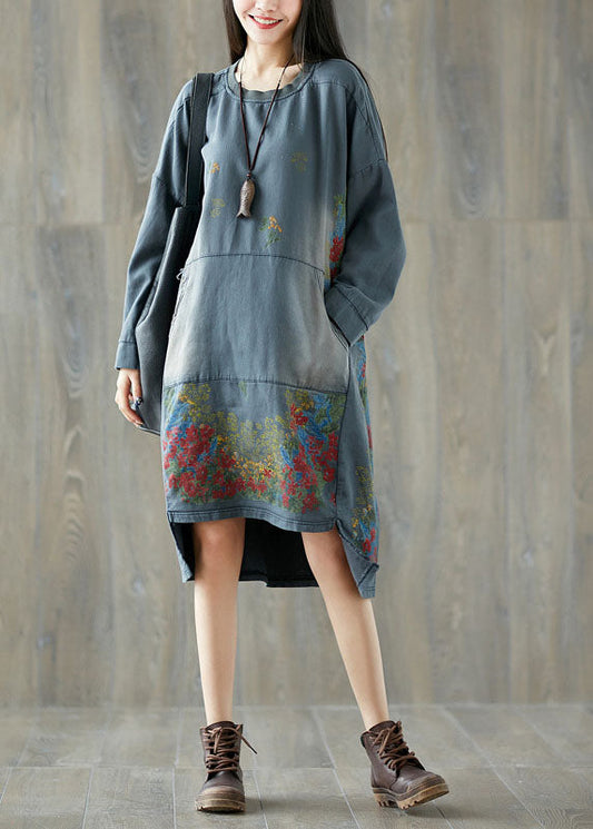 Art Grey O-neck Asymmetrical Pullover Dresses Spring