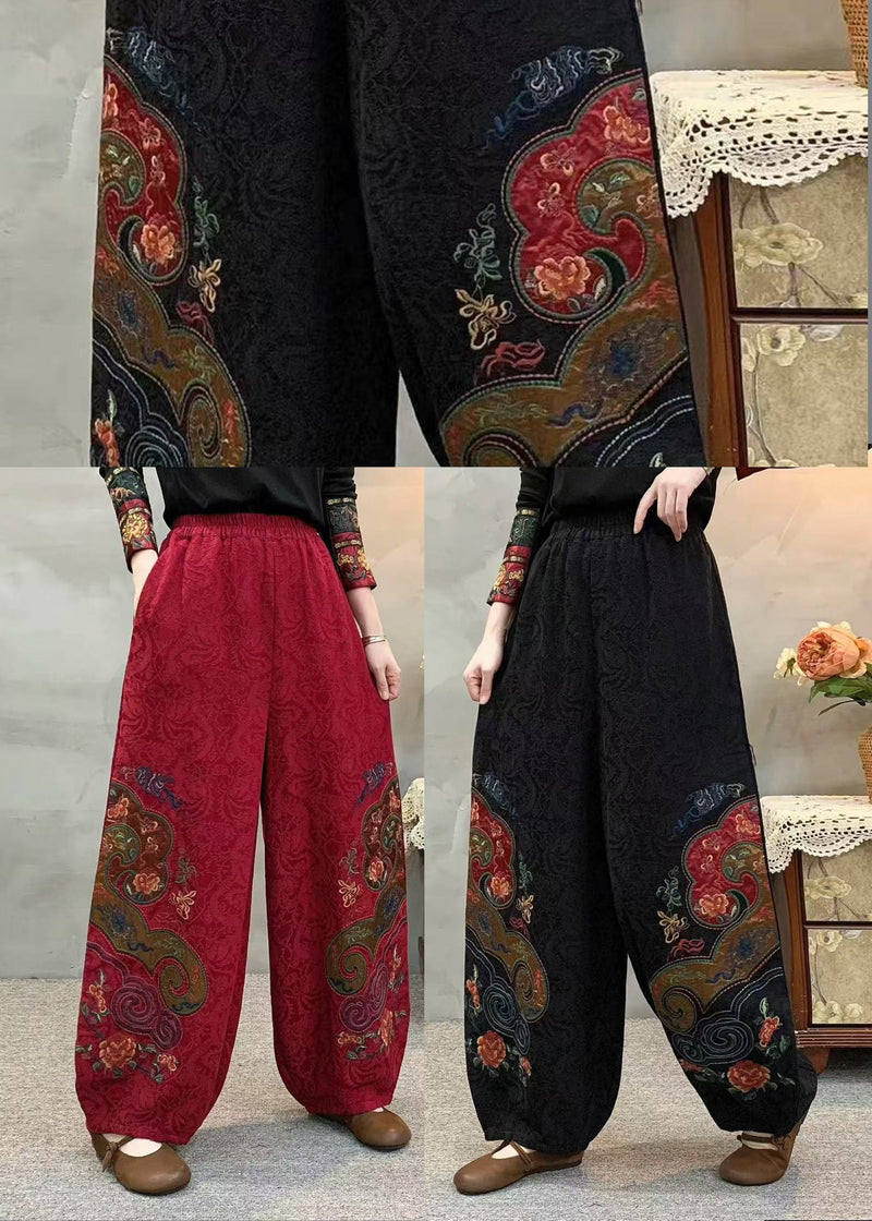 Style Red Linen Harem Pants Embroidered Spring
