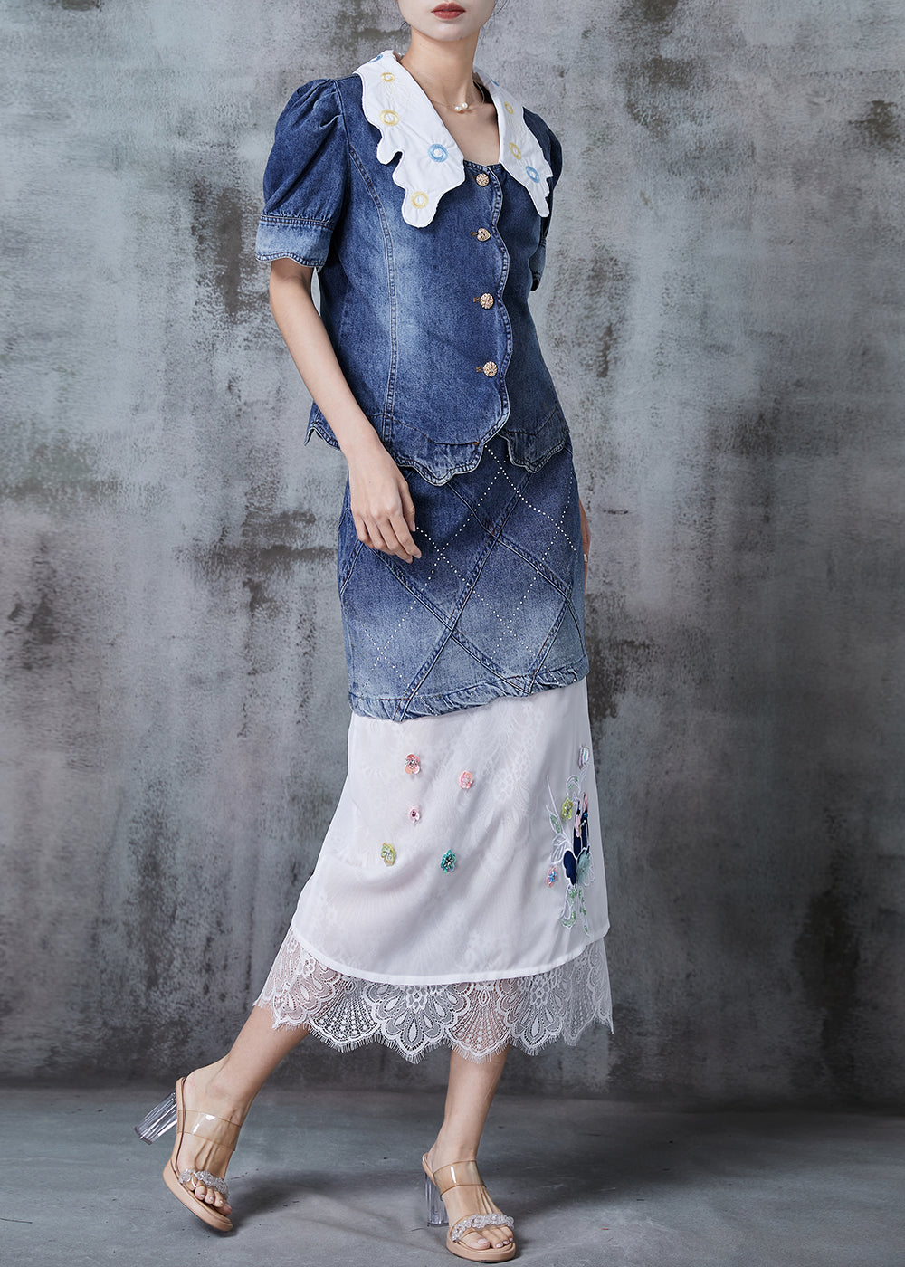 Handmade Blue Silm Fit Patchwork Denim Two Pieces Set Fall